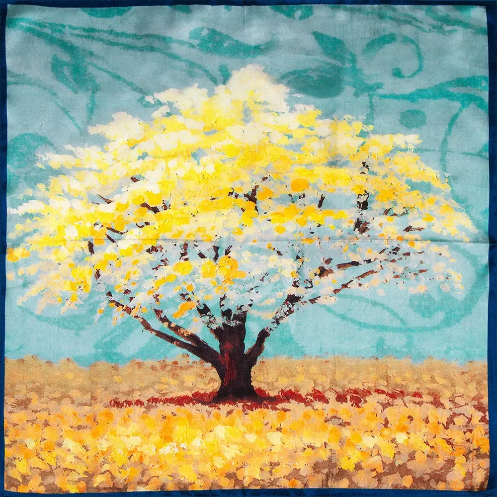 

53cm 100% Pure Silk Women's Neck Scarf Smooth Elegant Square Summer Hijabs Hair Handkerchief Children Gift Tree Painting Design