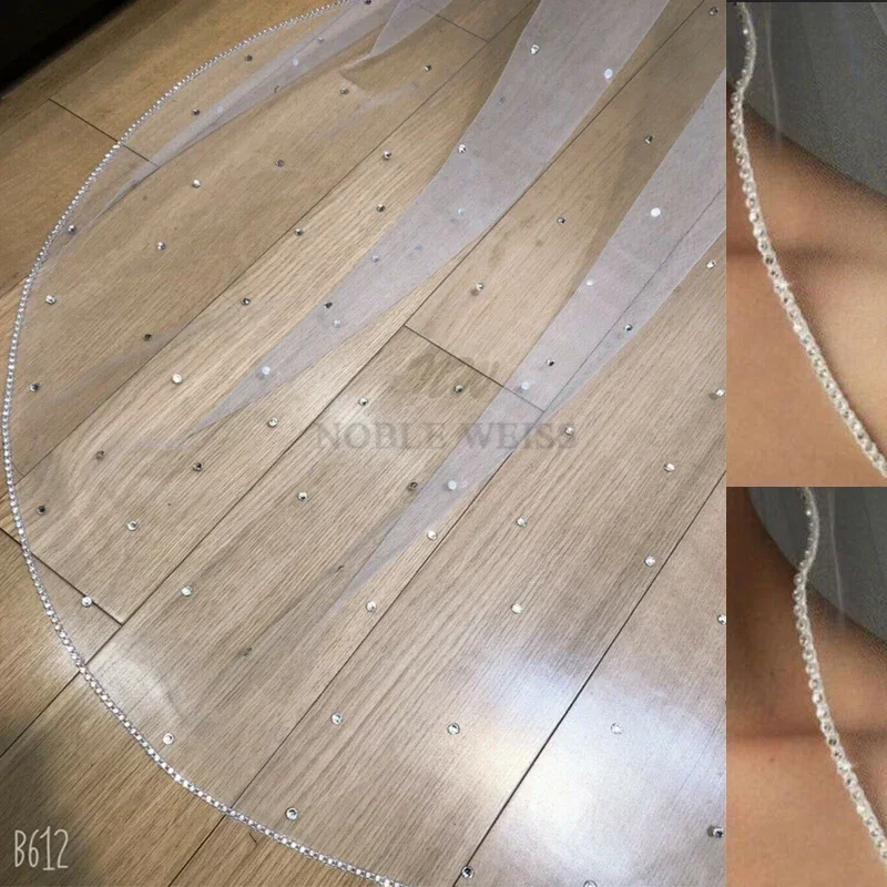 Velos de novia velo de novia catedral 1 nivel de tul suave borde de diamantes de imitación cuentas de cristal velo de novia brillante personalizado