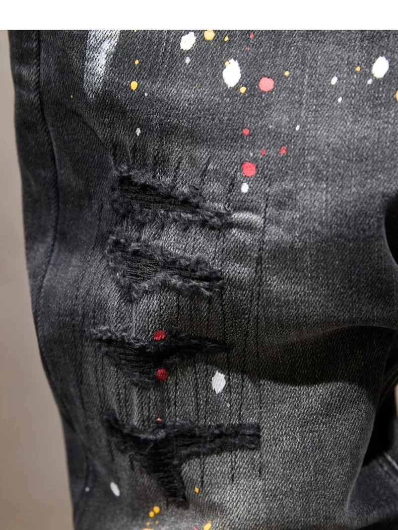 Autumn and Spring New Fashion Trend Printed Straight Leg Ripped Jeans Men's Casual Slim Fit Sports High Quality Denim Pants