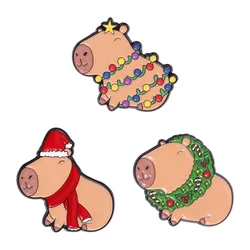 Cartoon Christmas Capybara Brooch Enamel Pins Creative Decorative Brooch Clothes Lapel Hat Badge Party Jewelry for Kids Friends