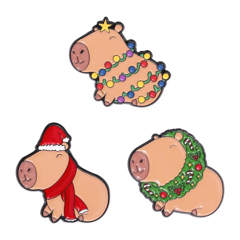 Cartoon Christmas Capybara Brooch Enamel Pins Creative Decorative Brooch Clothes Lapel Hat Badge Party Jewelry for Kids Friends