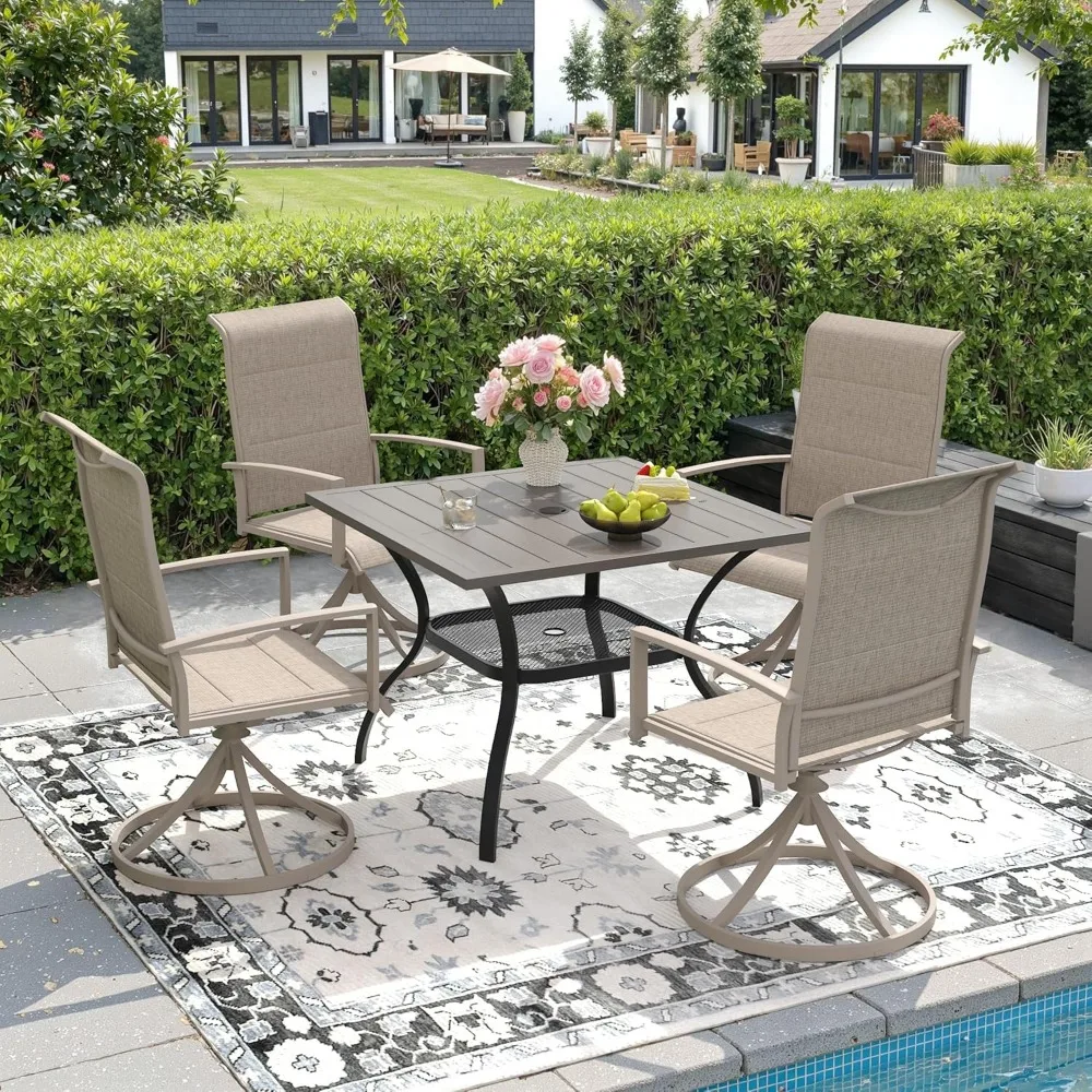 

5 Piece Outdoor Patio Dining Set for 4, 37.8" Grey Wood-Like Square Metal Dining Table & Swivel Patio Chairs, Customized