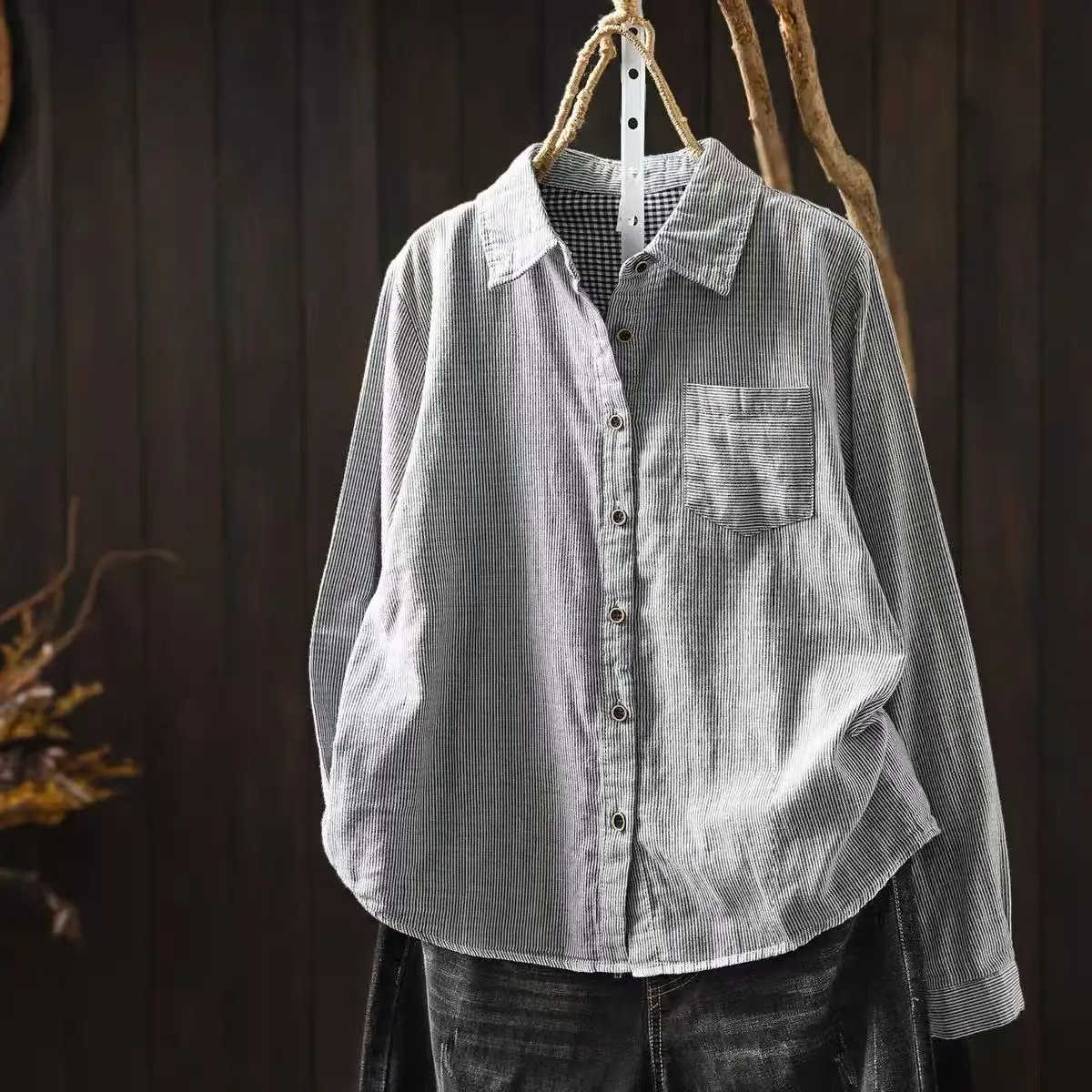 100% Cotton Yarn Women's Long Sleeve Top Japanese Style Gray Pink Green Black Stripes Blouses Ladies Fitted Shirt view 2