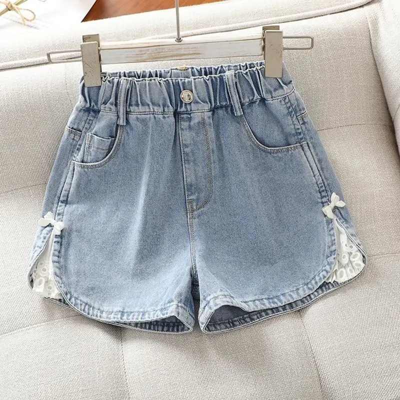 New Summer Children Denim Shorts with Side Slit Lace Flower for Kids Girl Fashion Bowknot Mini Shorts Pants 5 7 9 11 13 14 Years