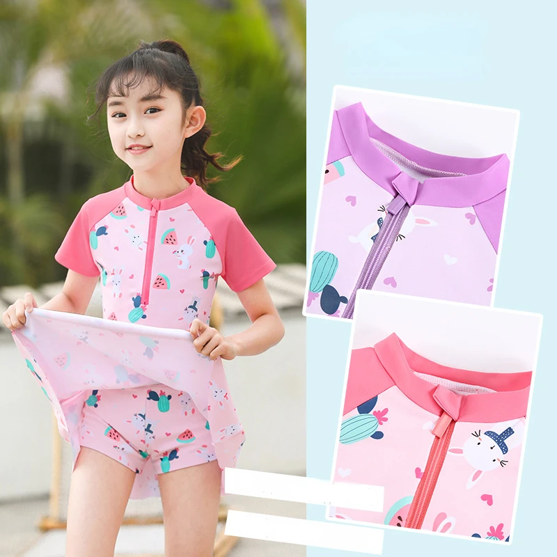 Children's Swimsuit with Underwear, Sun Protection, Quick Drying Swimwear, Cartoon Watermelon Bathing Suit, Girl's 3-12 Year-Old