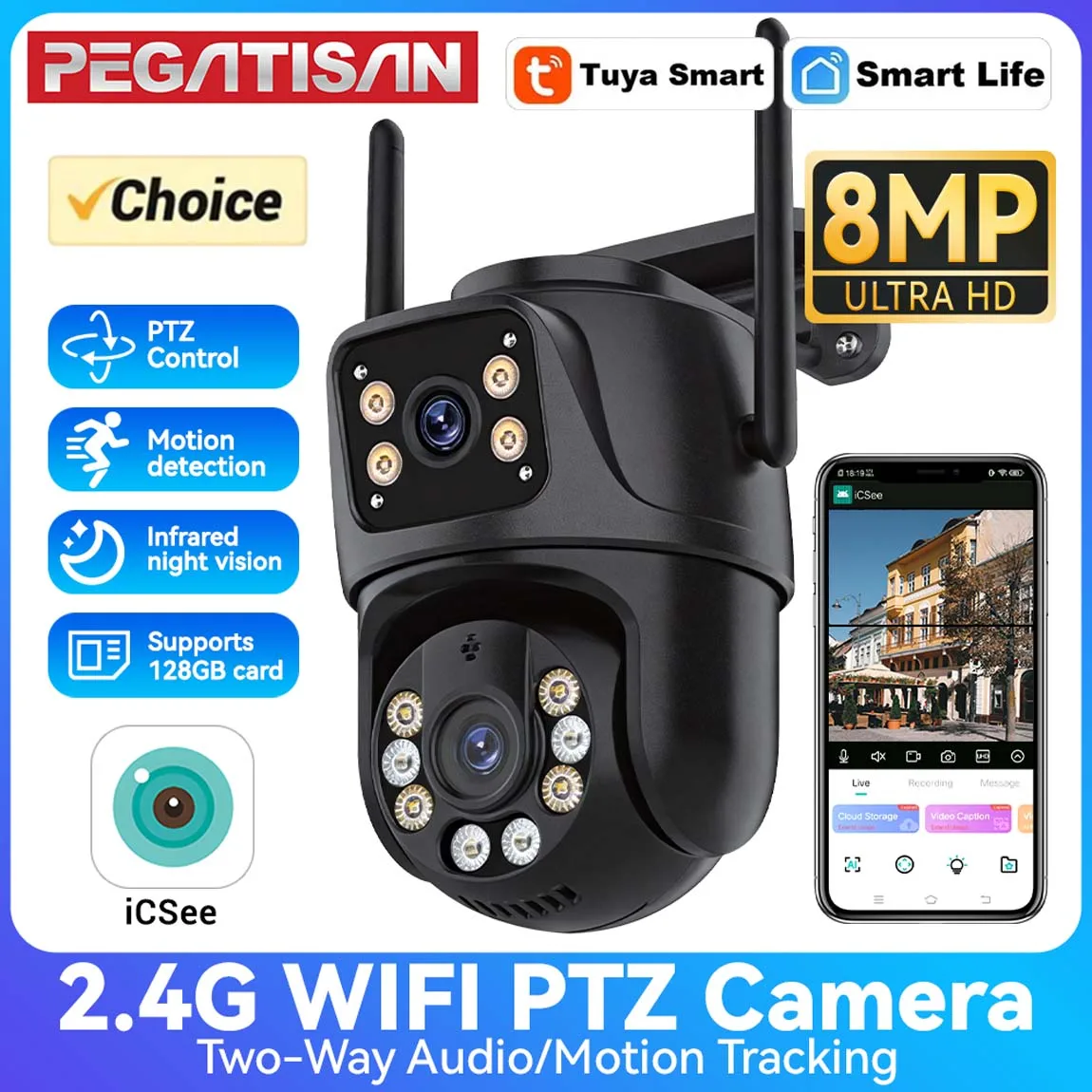 

4K Dual Lens PTZ WiFi Camera Dual Screen AI Auto Tracking 8MP Outdoor Color Night Vision Two Way Audio Security Cam iCSee