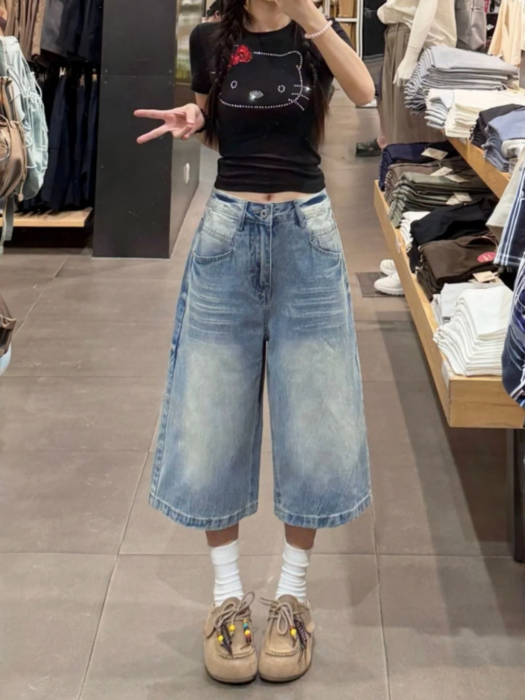 Retro High Waist Wide Leg Jeans Women's Summer 2026 New plus Size Loose Straight Cut Denim Shorts Blue Washed