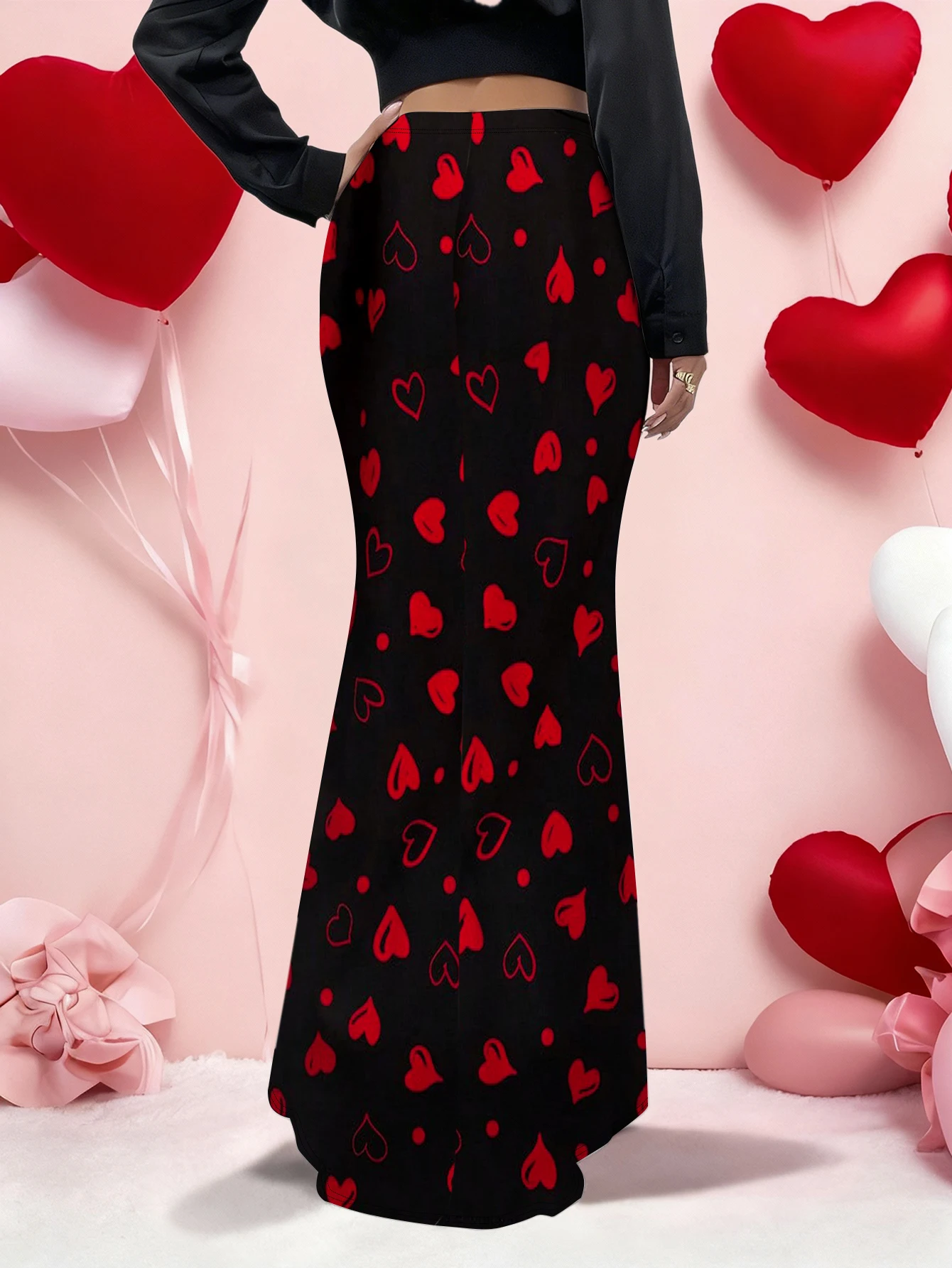 Women Standard Size Black Red Heart Print High Waist Bodycon Mermaid Long Skirt Party Club Maxi Skirt