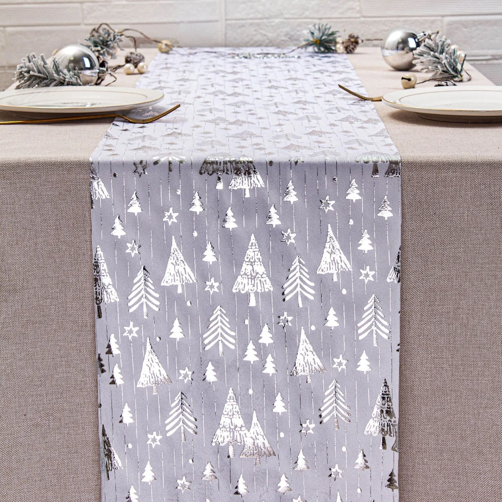 Christmas Table Runner Grey Silver Foil Printed Christmas Trees Stars Modern Winter Holiday Kitchen Dining Room Table Decor