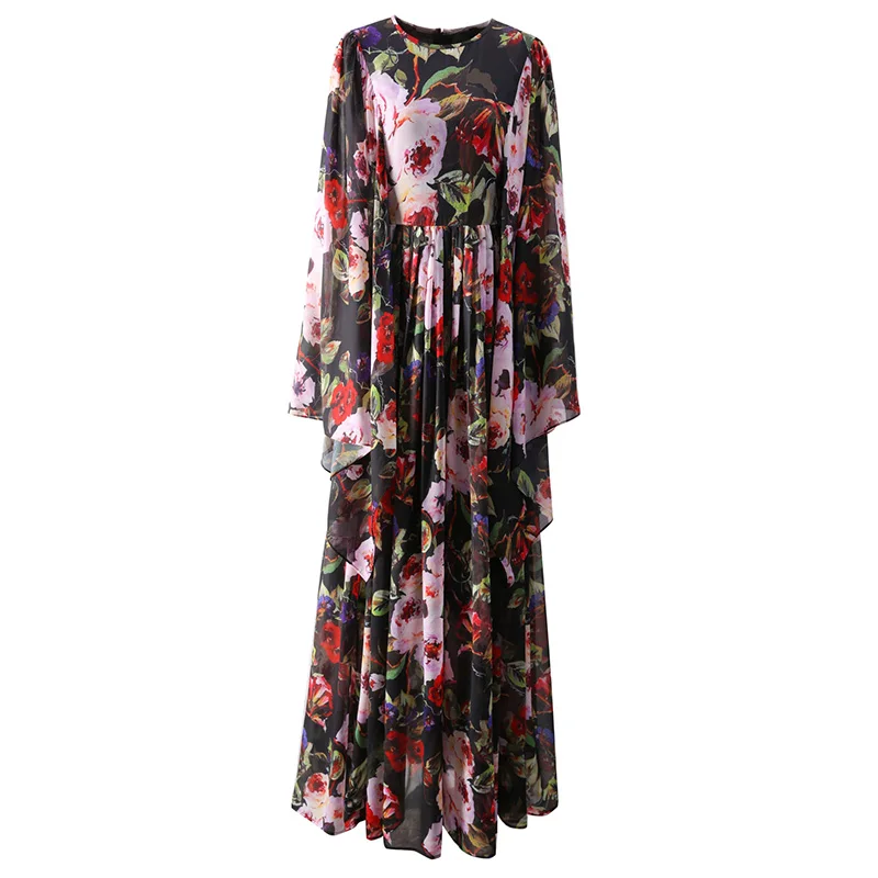 Women Floral Printed Dresses 2024 Casual Holiday Ladies Loose Round Neck Long Skirt High Waist A Line Dress Elegant Clothes