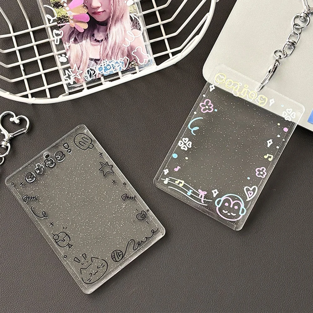 Acrylic Glitter Photocard Holder Keychain Photo Card Holders 7x10cm ID Badge Holder Bus Card Credit ID Bank Card Holder Keyring