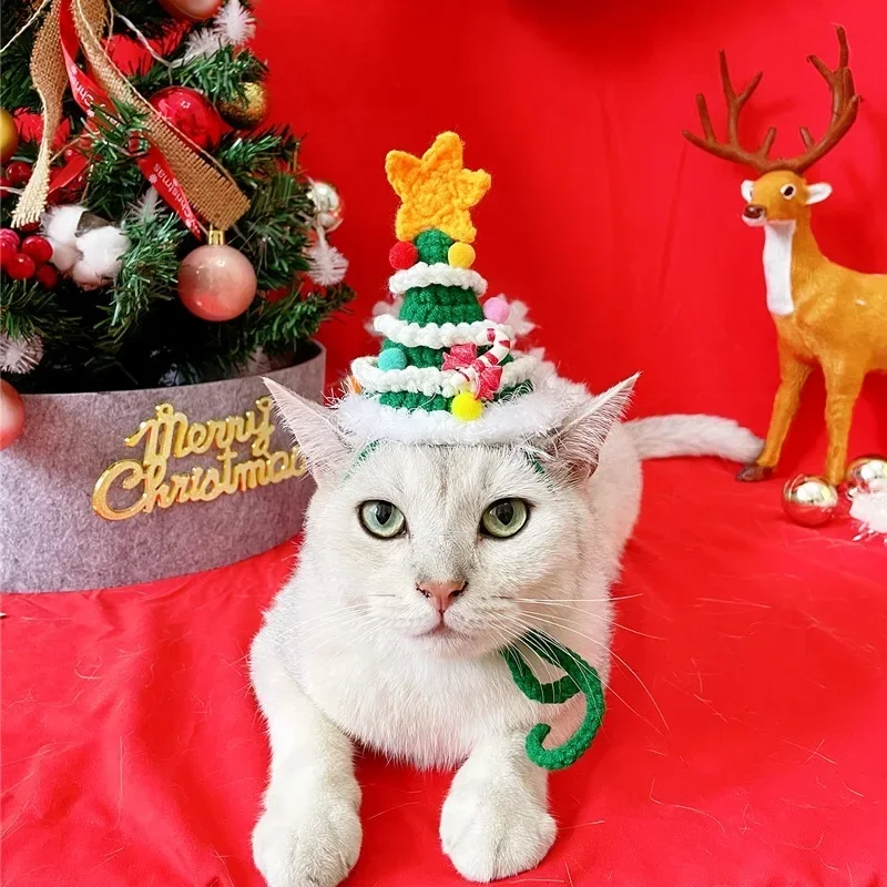 Kitten Knitted Woolen Hat | Cute Christmas Tree Hat for Cat | Xmas Crochet Pet Hat Winter Warm Handmade Puppy Cat Accessories