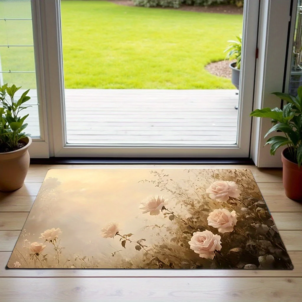 Soft Watercolor Bloom Washable Door Mat Slip Resistant Rug For Front Porch And Cottage Style Home Decoration