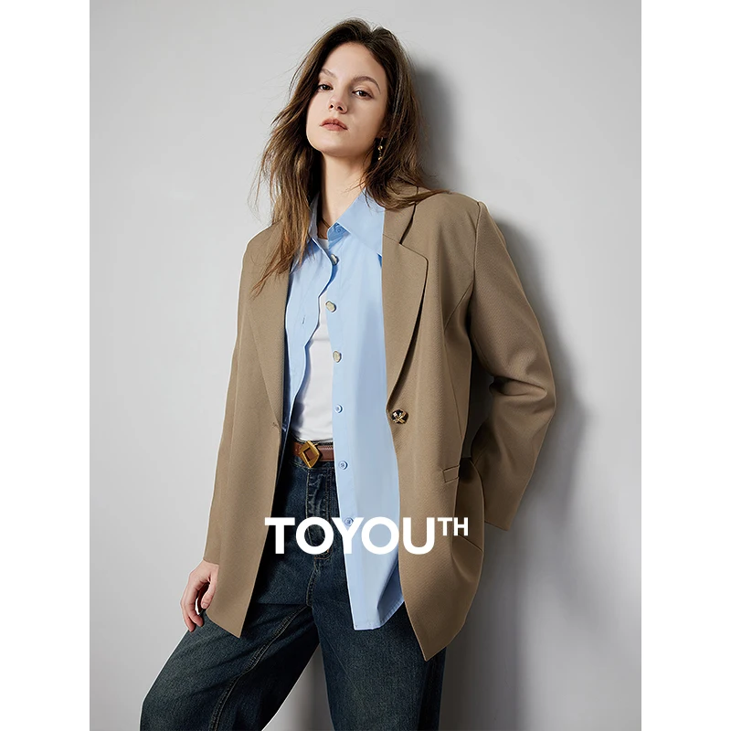 TOYOUTH Women Blazer 2024 Spring New Notched Collar Office Lady Long Sleeve Single-Button Closured Mid-length Casual Ladies Coat