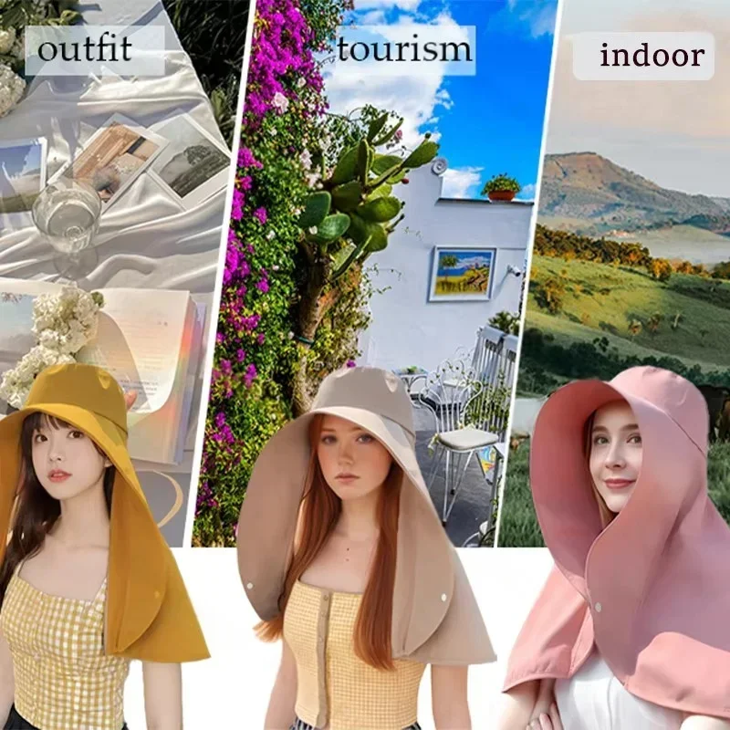หมวกฤดูร้อนสําหรับผู้หญิงกลางแจ้ง UV ป้องกันคอ Sun Visors สําหรับสุภาพสตรีตกปลาเดินป่ากว้าง Brim Shawl ครีมกันแดดหมวกหางม้า