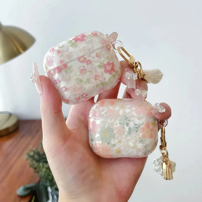 Cute Clear Pink Flower Earphone Case For AirPods 4 3 2 1 Soft Silicone Cover For Apple AirPod Pro 2 Headphone Cases with Pendant