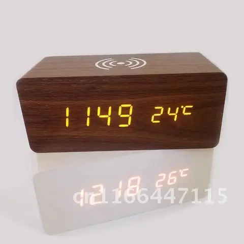 Hause Drahtlose Lade Alarm Thermometer Led Digital Home Smart Voice Control Holz Uhr Uhr