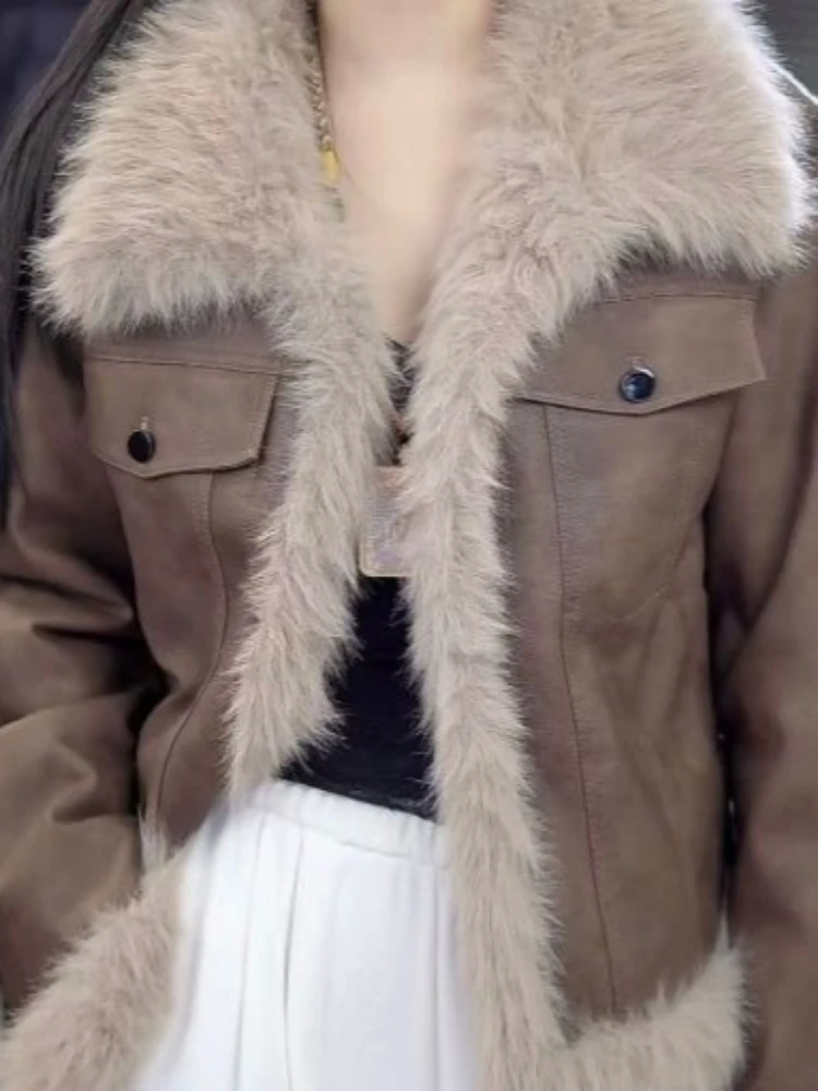 الاتجاه خمر المرأة سترة جلدية جديدة الصوف اصطف شتاء دافئ الفراء الجلود المرقعة معطف عالية الجودة فو سترة جلدية #4