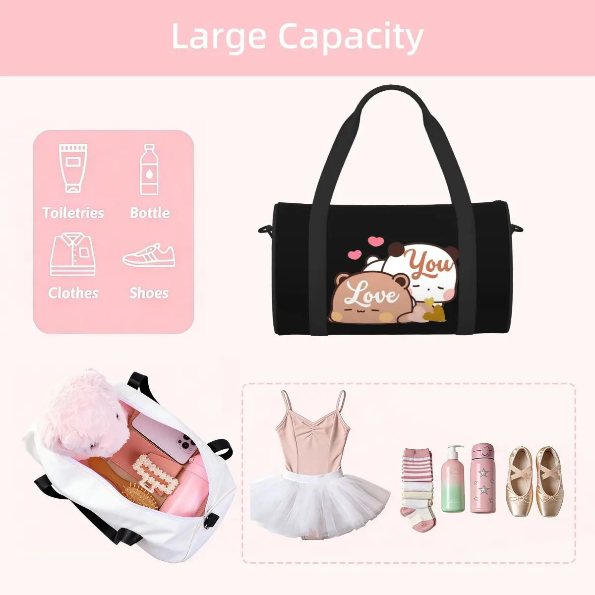 Bear And Panda Bubu Dudu Balloon  Luggage Bag Multi-Functional Duffle Tote Bag Handbags Gym Bags Fitness Bag for Boys Girls
