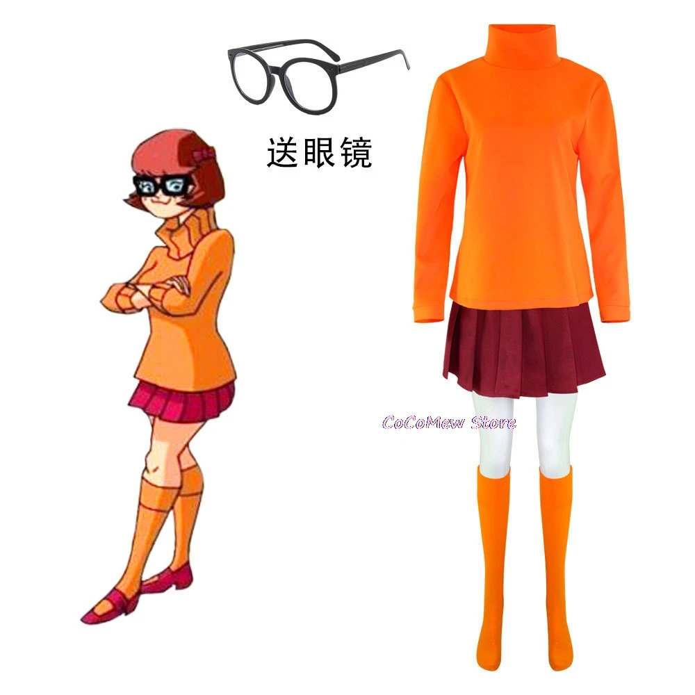 Velma Cosplay Outfit Uniform Wig Anime Woman Daphne Orange Top Skirt Socks Glasses Halloween Costume Set Girls Party Role play