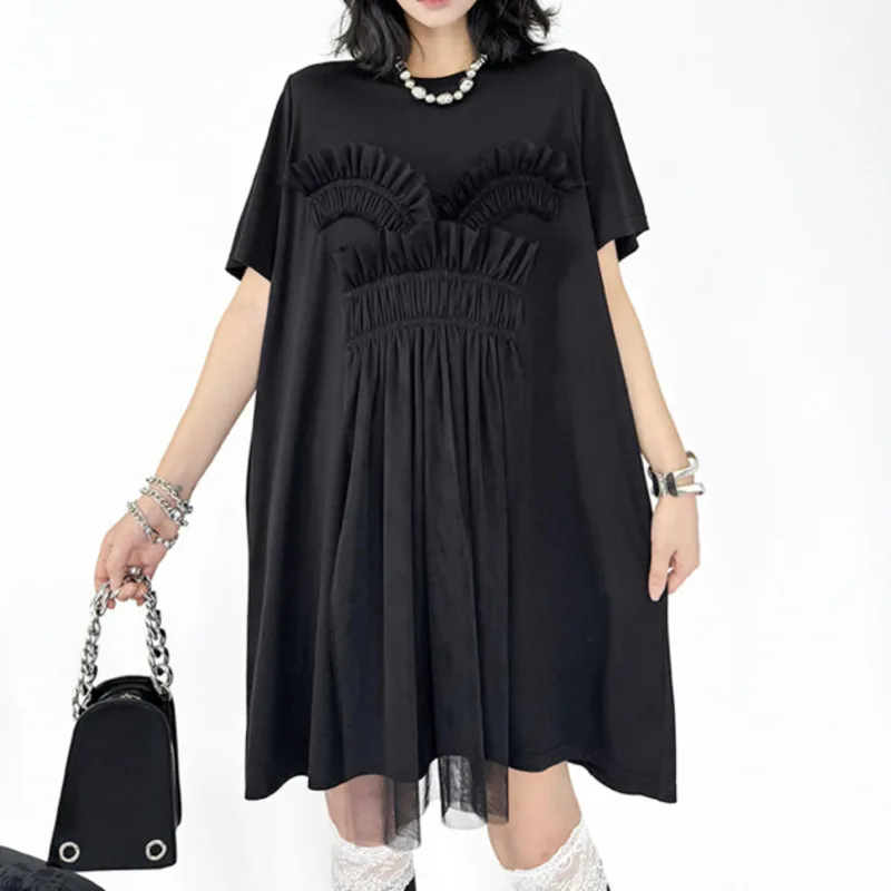 HKSH Herfst Nieuwe Vrouwen Niche Ontwerp Tij Donkere Streetwear Mode Mesh Patchwork Jurk Trend Losse Halflange T-shirt Jurk HK8266