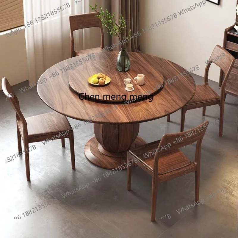 Black walnut round dining table and chairs solid wood dining table home delivery turntable new Chinese style   H