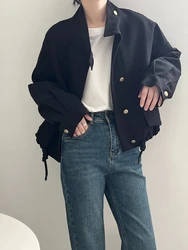 FSMG Women's Casual Jacket,Autumn Korean Style Stand Collar, Comfortable Loose Fit Solid Color, Short Jacket with Drawstring Hem