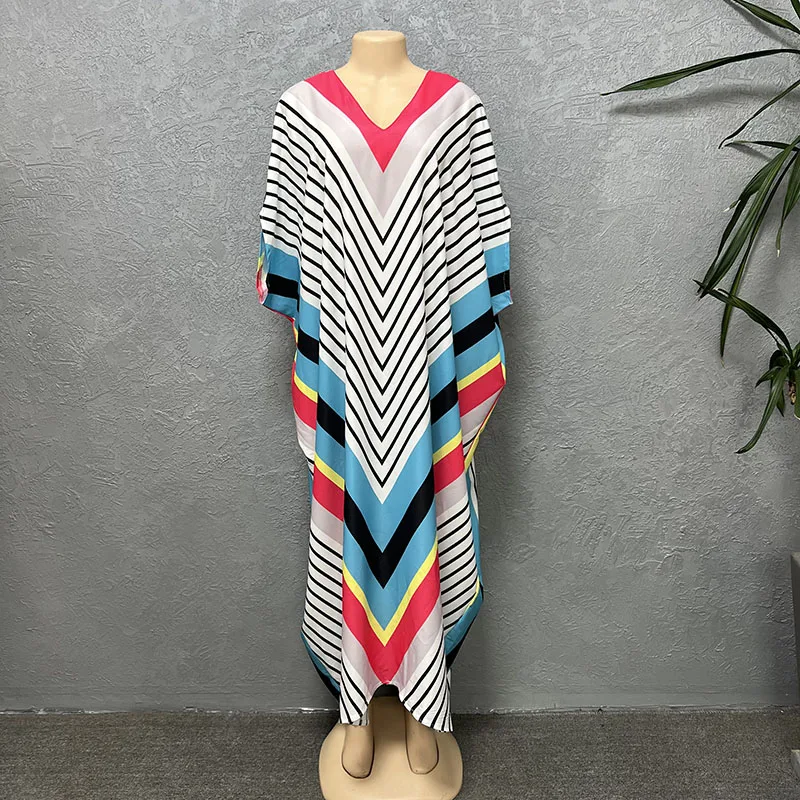 الصيف السببية شريط طباعة فستان طويل فضفاض عباية الأفريقية المرأة أنيقة Dashiki رداء موضة س الرقبة Batwing كم رداء فساتين #4