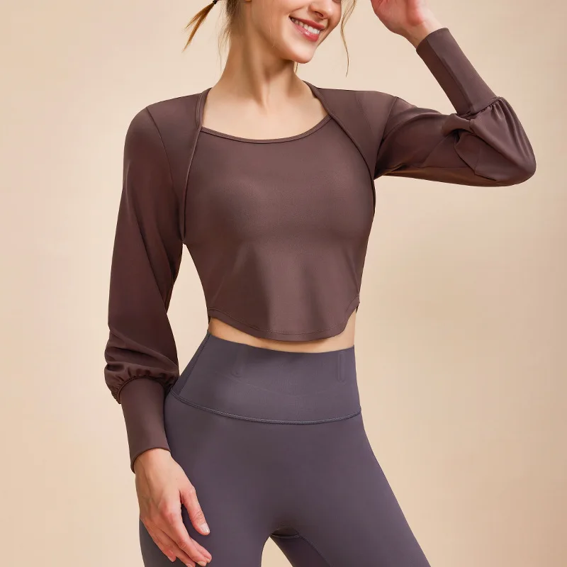 Chemises de yoga à manches longues pour femmes, style cour française, chemises de sport, mince, course, PVD, filles, ourlet incurvé, gymnase, fitness, chemisier en Y