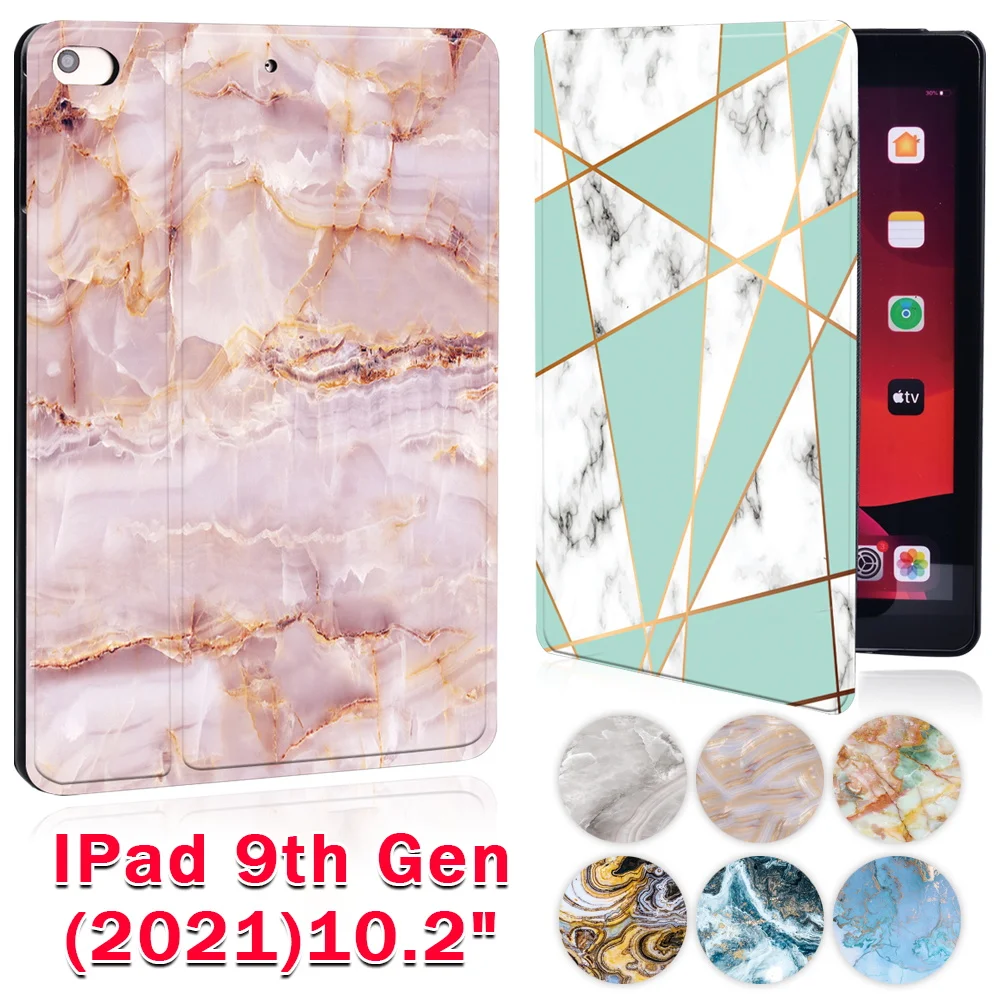 

New Soft Shell Tablet Case for Apple iPad 10.2 inch 9th Generation 2021 Printed Marble Pattern Funda Folding Stand Cover +Stylus