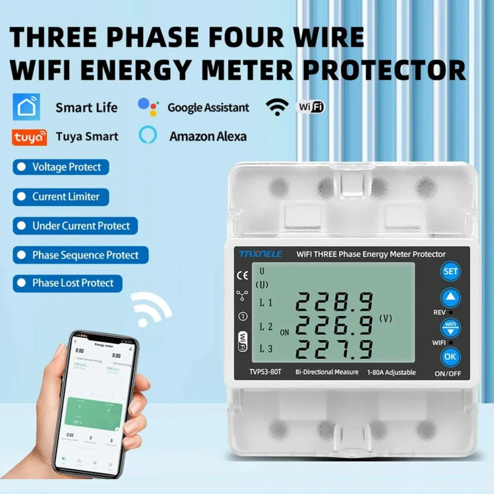3-Phase 4-Wire Tuya WIFI Smart Bidirectional Energy Meter Over/Under Voltage Protector Switch Current Limiter Smart Life Control
