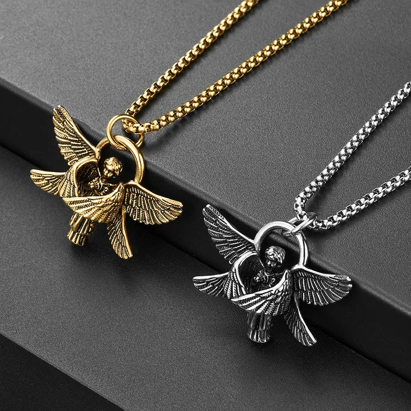 Retro Stainless Steel Seraph Pendant Necklace Men's Fashion Motorcycle Punk Hip Hop Party Men's Necklace Chain Jewelry Wholesale