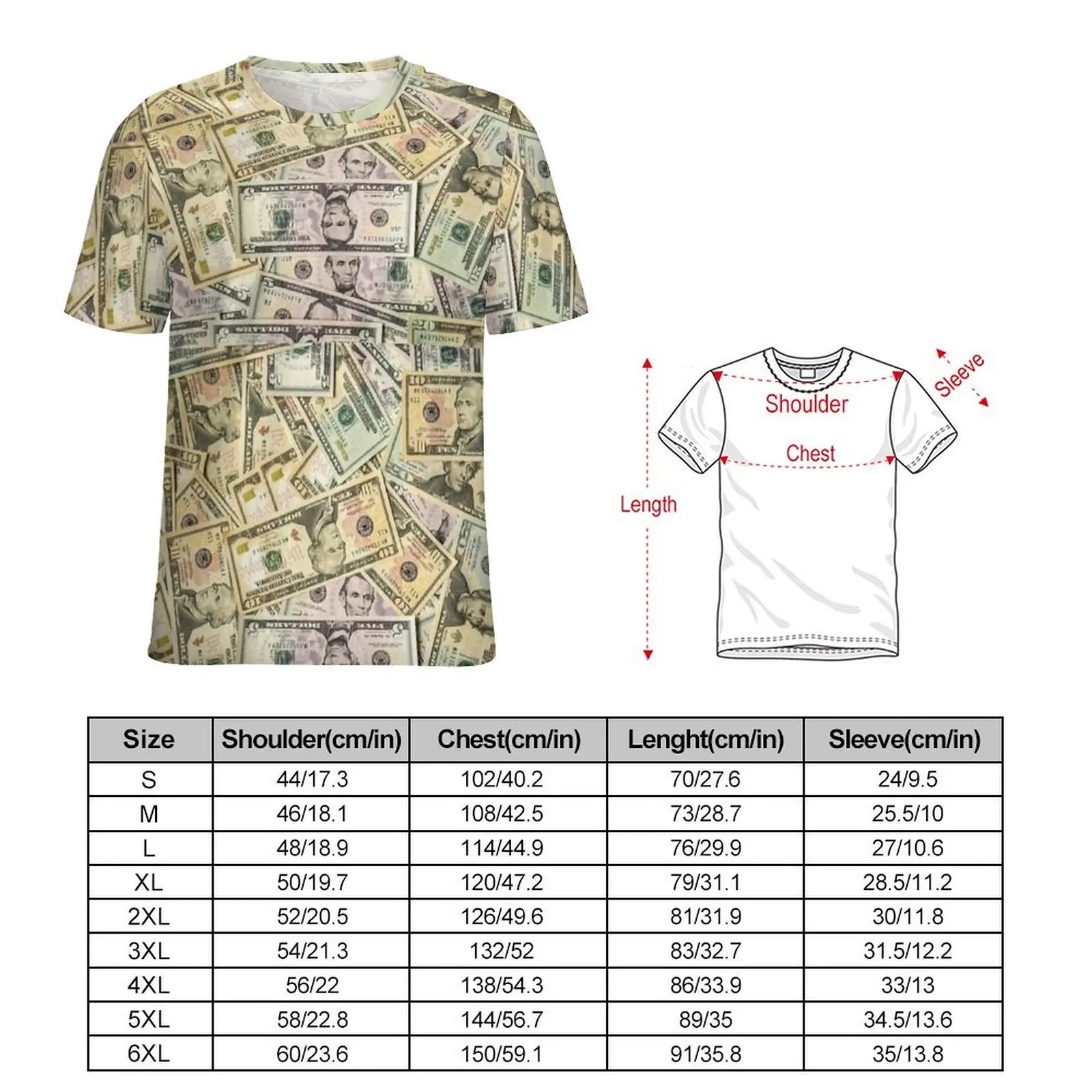 Mixed Bills Scatter Print T-Shirt  Retro T Shirts Men Streetwear Tshirt Premium Short-Sleeved Graphic Tops Big Size