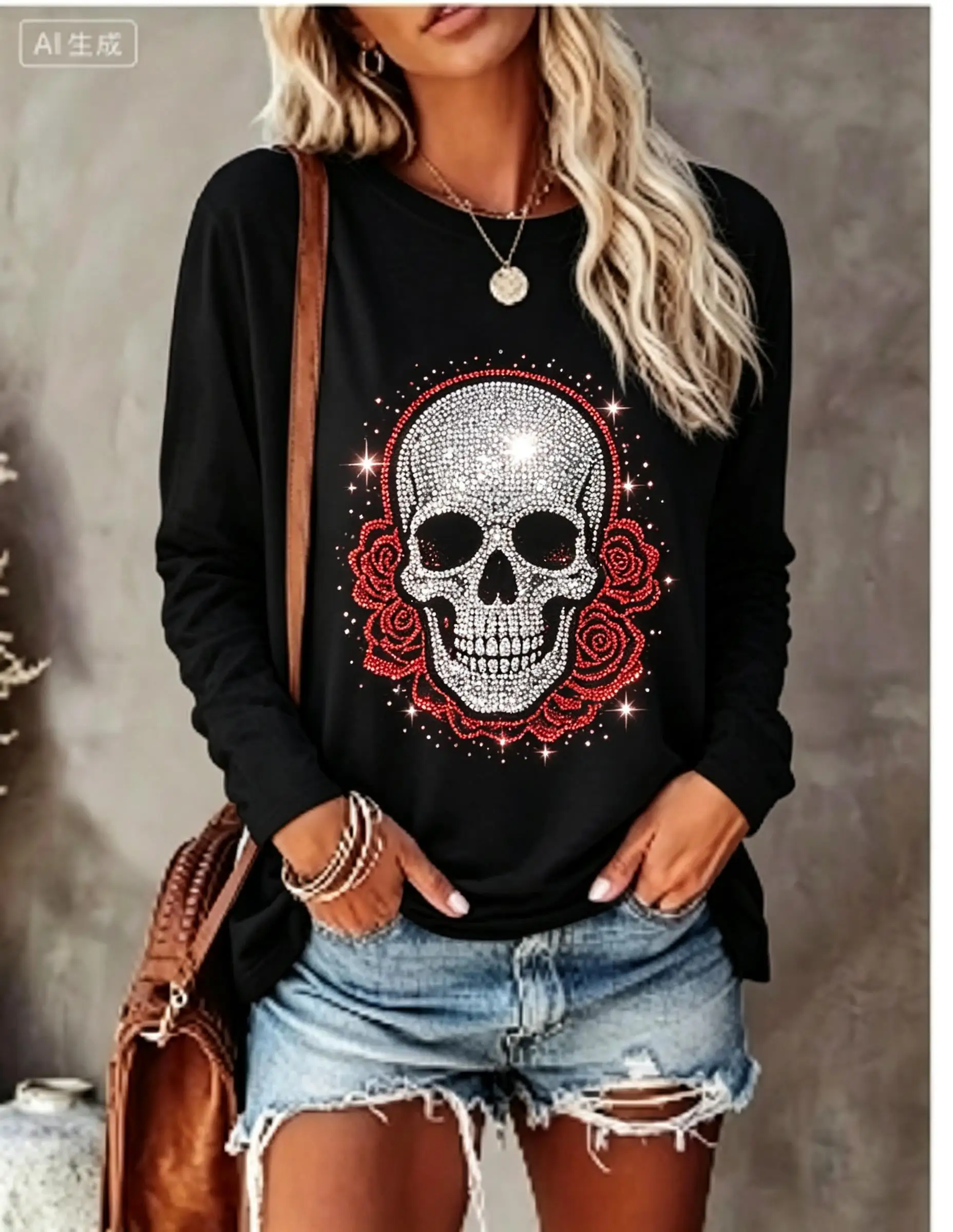 Women Long Sleeve T‑Shirt Simulated Rhinestone Skull Red Rose Gothic Print Crew Neck Fall Tops view 2