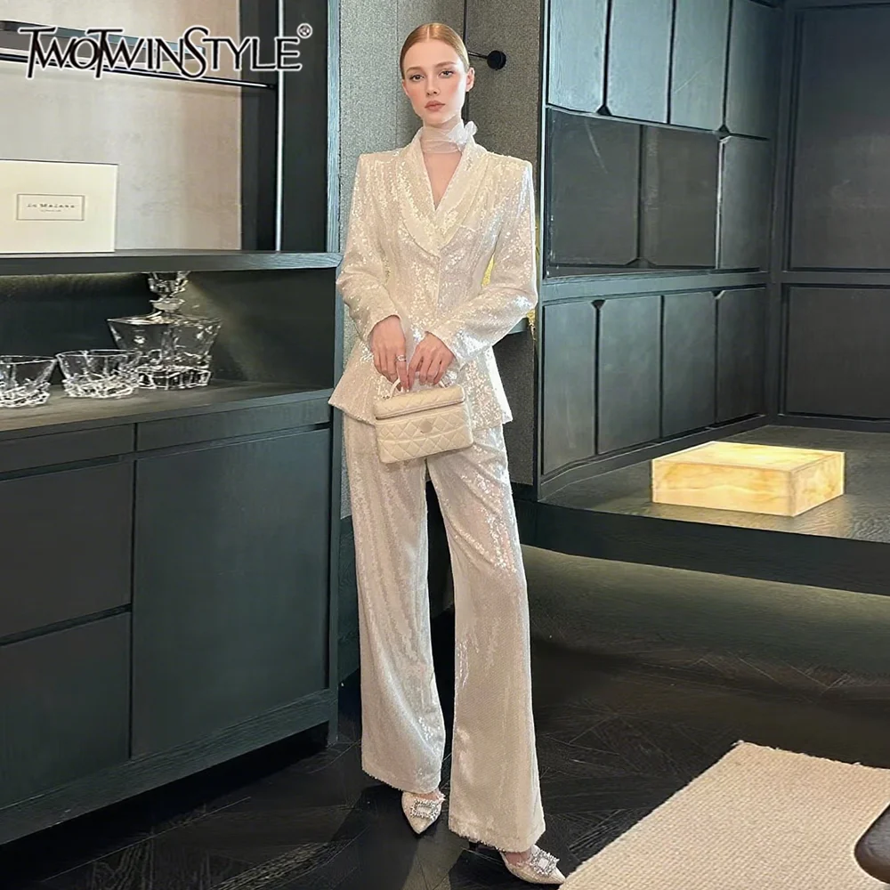 

TWOTWINSTYLE Loose Spliced Sequins Two Piece Sets for Women Lapel Long Sleeve Blazer High Waist Wide Leg Pant Fashion Set Female