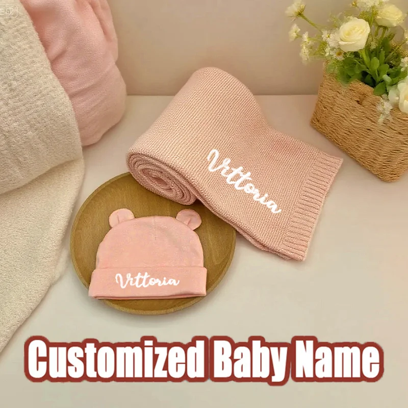 Couverture tricotée avec nom personnalisé, bonnet en coton biologique, coffret cadeau pour nouveau-né, cadeaux de réception-cadeau pour bébé, automne 2025