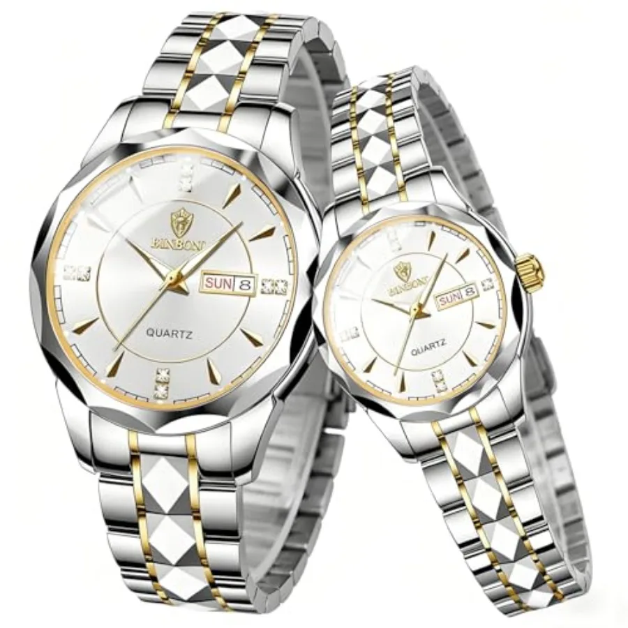 

2PCS Valentines Couple Pair Watches Men and Women Luminous Calendar Waterproof Stainless Steel Face his and Hers Watches Set Lo