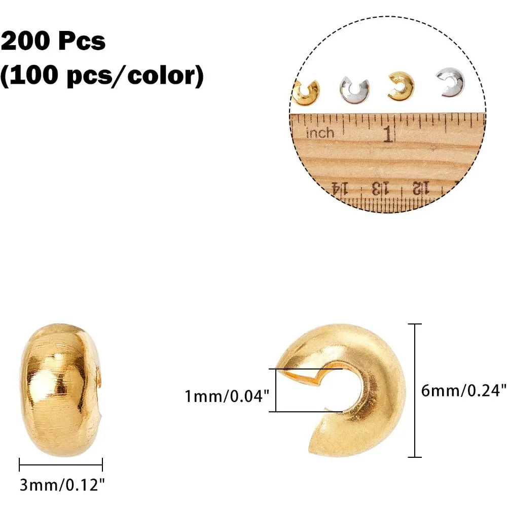 200 Pcs 6mm Brass Crimp Beads Covers Half Round Open Tube Beads Knot Cover Caps for Jewelry Making (Golden×100 Platinum×100) kit