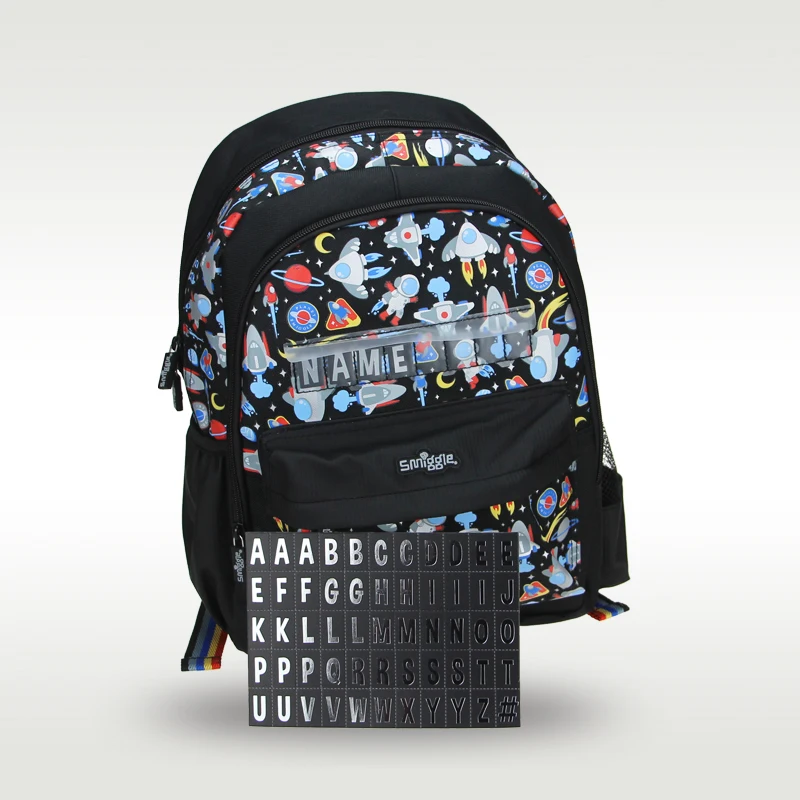 Mochila escolar Original de Australia Smiggle para niños, mochila con tarjeta de nombre, astronauta negro, suministros de cohete, 4-7 años, 14 pulgadas