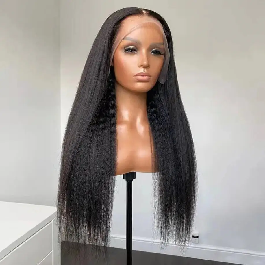 Zachte Lange Glueless Yaki Natuurlijke Zwarte 30Inch Kinky Straight Lace Pruik Voor Vrouwen Met Baby Haar Synthetische Pretokking Dagelijks