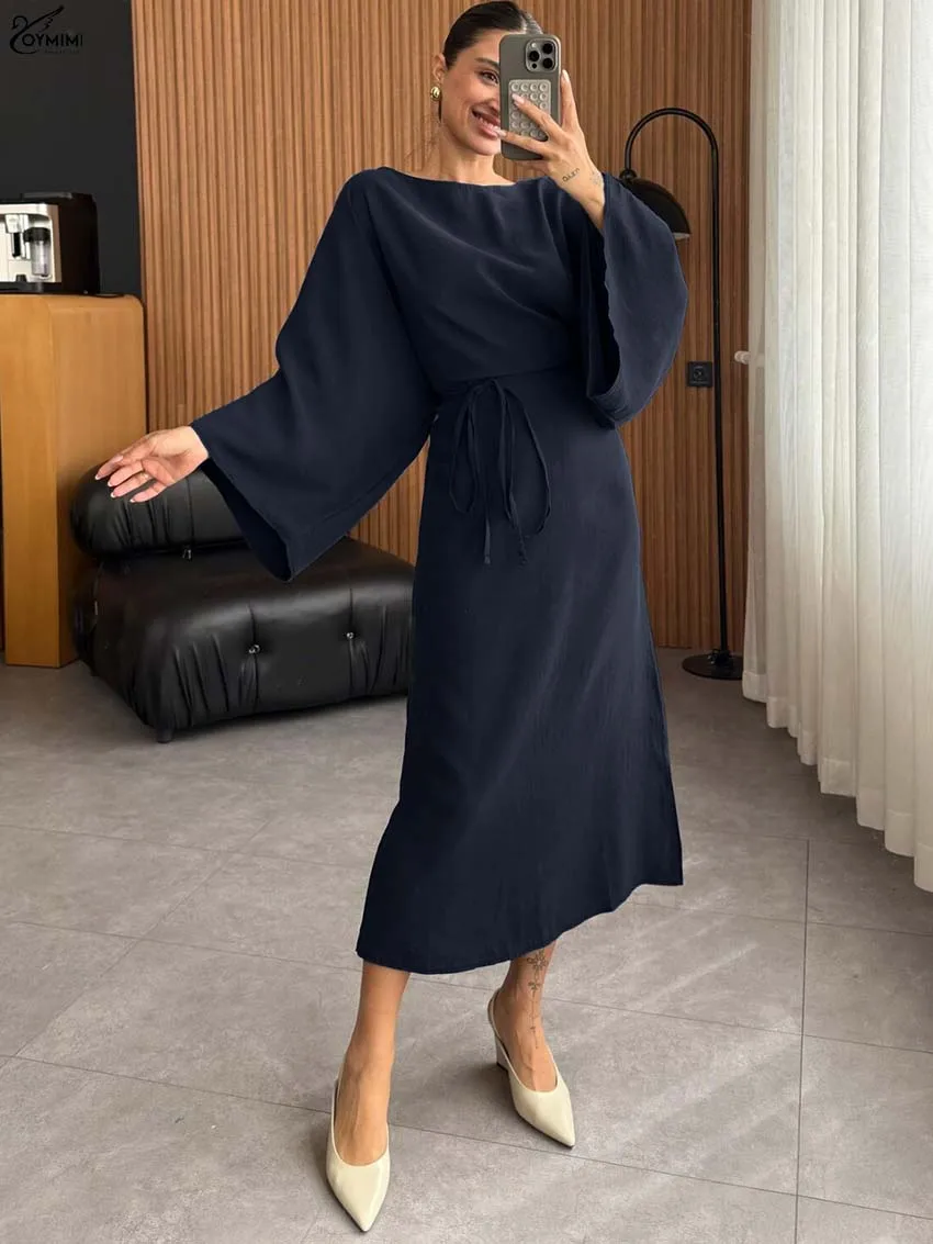 

Oymimi Casual Dark Blue Dresses 2025 Woman Elegant O-Neck Long Sleeve Loose Dresses Fashion Lace-Up Mid-Calf Dress Streetwear