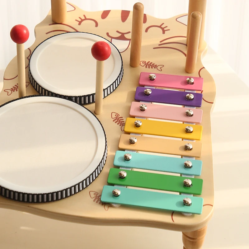 Set di giocattoli per strumenti a percussione musicale in legno per bambini Set di tamburi musicali Kit musicale in legno Tamburo sensoriale per bambini