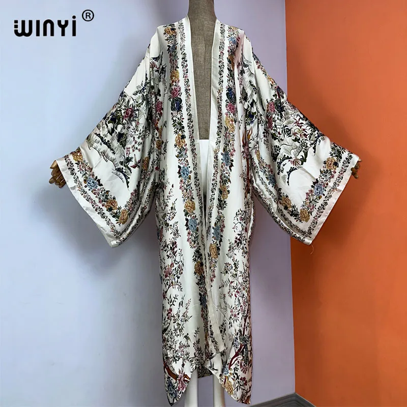 WINYI kimono new fashion print купальник Women Cardigan Loose Long Dress elegant Party Boho Maxi beach Holiday Cover Ups  kaftan