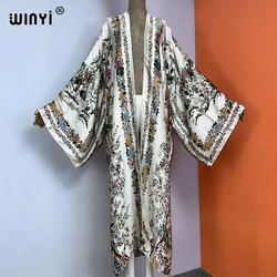 WINYI-vestido longo solto de quimono para mulheres, cardigã estampado, praia maxi, capa de férias, kaftan, festa elegante, boho, nova moda