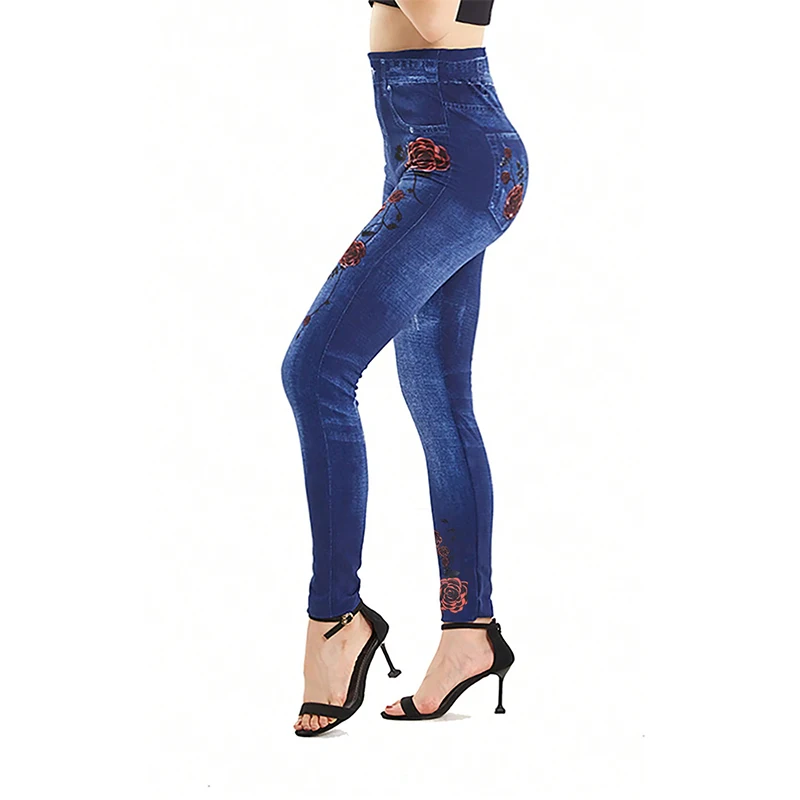 PD445 Double Sided Rose European and American Casual Fashion Hot Selling Fake Pocket Shaping Denim Leggings Seamless Pants