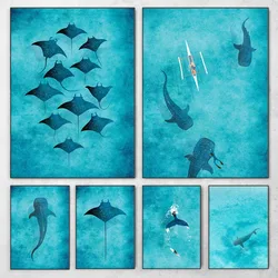 Blue Watercolor Ocean Marine Organism Whale Shark Manta Rays Poster Sea Beach Surf Canvas Painting Wall Art for Room Home Decor