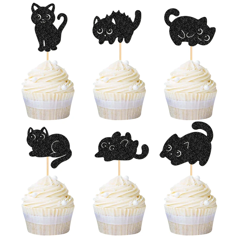 YOMDID 24 Stück Niedliche Katzen-Cupcake-Topper, Glitzernde Katzen-Kuchendekorationen für Kätzchen-Geburtstagsdekorationen, Dekoración Cumpleaños – Detail 7