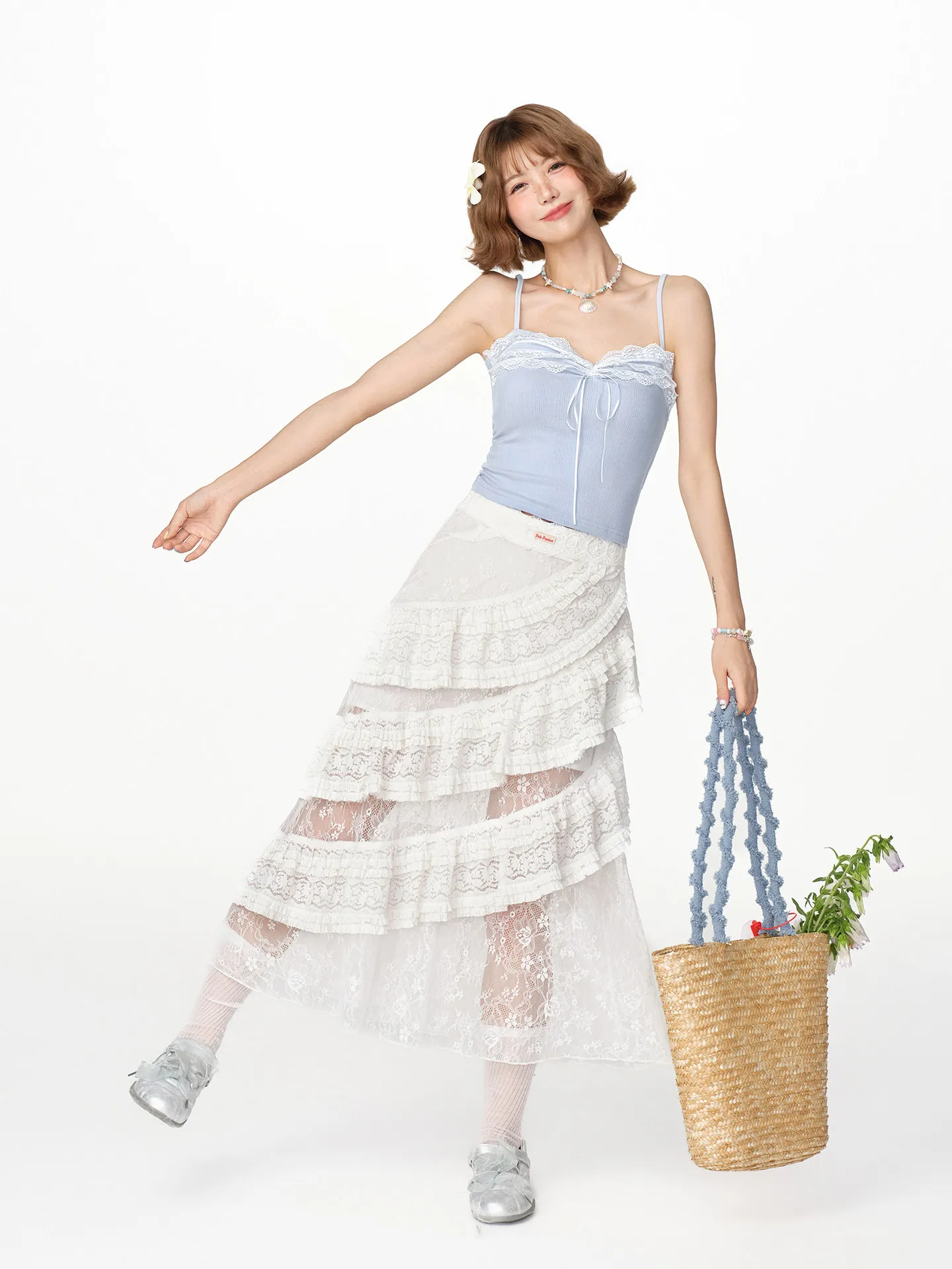 French White Lace Asymmetrical Midi Skirt Women's Summer New Ruffle Tiered Maxi Skirt Spice Girl White Lace Layered Gauze Skirt