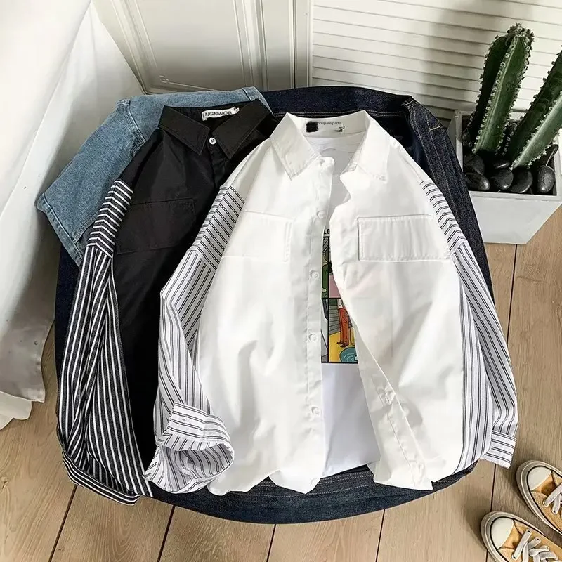 Men's Loose-fit Striped Shirt Trendy High-end Feel Top Salt System Dk Uniform Shirt Two-piece Illusion