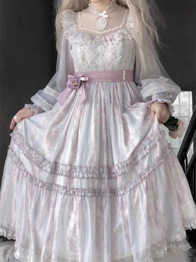Abito Principessa Lolita Taglia Grande L-4XL, Stile Pastorale Primavera-Autunno, Maniche Lunghe, Vita Alta con Volant, Colore Viola Chiaro